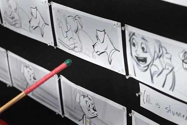 Storyboards pinned on wall, close up